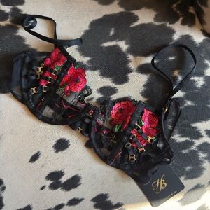 Honey Birdette Black Bra with Vibrant Red Floral Design